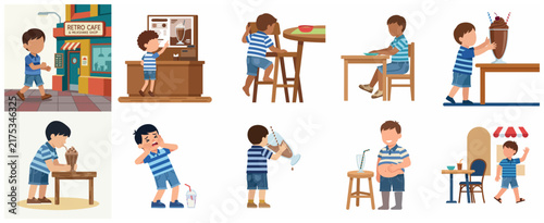 Vector character set of a little boy visiting a retro milkshake cafe, from ordering to drinking and getting full