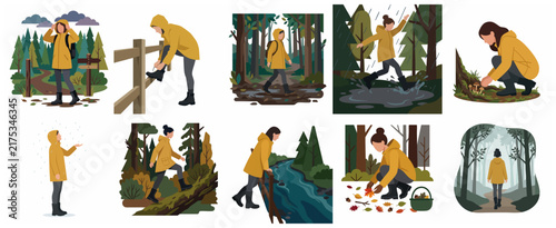Flat vector illustration set of a woman in a yellow raincoat enjoying outdoor activities in the forest during autumn and rainy weather