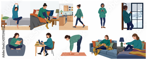 Collection of illustrations showing a woman's daily routine at home, including waking up, working, exercising, and relaxing.