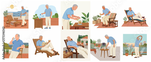Set of flat vector illustrations of a senior man relaxing and enjoying leisure activities on a sunny balcony or terrace.