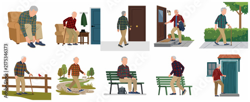 Set of Flat Vector Illustrations Featuring a Senior Man in Various Daily Activities and Lifestyle Scenes
