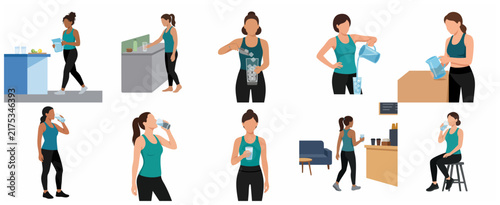Set of flat vector illustrations featuring women in athletic wear staying hydrated, drinking water, and pouring drinks for a healthy lifestyle.