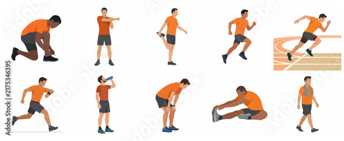 Set of vector illustrations of male athletes exercising, stretching, running, and recovering in flat design style