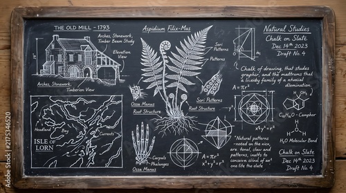 Detailed educational blackboard illustration featuring complex botanical fern sketches, architectural mill diagrams, skeletal anatomy drawings and various mathematical geometric formulas