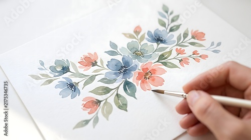 Delicate watercolor painting featuring soft blue and coral flowers with green leaves on textured paper created using fine brush strokes