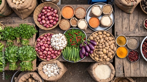 Fresh organic vegetables including potatoes garlic onions peppers and leafy greens arranged artistically on rustic wooden market stall surface