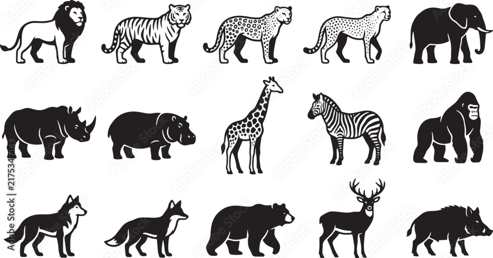 Fototapeta premium Wild Animals Safari Fauna Silhouette Mammal Vector Icon Set