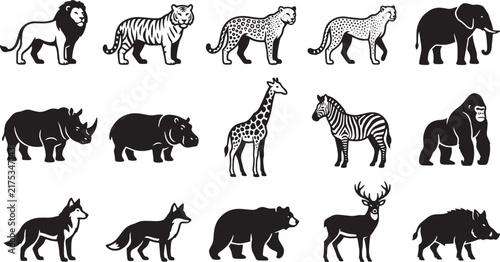 Wild Animals Safari Fauna Silhouette Mammal Vector Icon Set