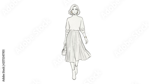 Elegant Walking Woman Front View Fashion Figure Minimal Line Art Vector