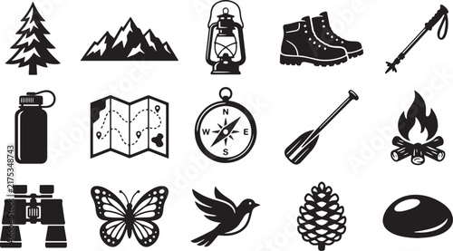 Camping Outdoor Adventure Hiking Nature Exploration Vector Icon Set