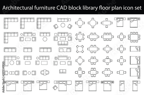 Architectural furniture CAD blocks in top view. Vector plan symbols for sofas, beds, tables and chairs used in interior design, apartment layouts, and residential floor plans