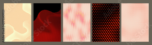 Halftone dot pattern poster templates set. Vector organic blob, wavy mountain silhouette and cross dot textures in cream, red, pink and black for modern print design.