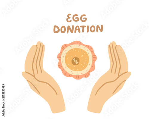 Egg donation concept with hands holding an egg cell and DNA symbol. Flat vector illustration, hand drawn. Gentle visual representation of fertility, donation and reproductive care.