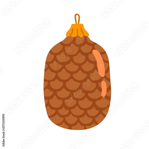 Pinecone Christmas ornament with a decorative cap and hanging loop. Flat vector illustration, hand drawn.