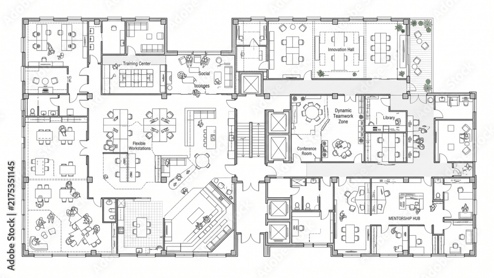Fototapeta premium Architectural CAD Blueprint Multigenerational Workplace with Young Employees, Experienced Professionals and Inclusive Teamwork, Isolated Vector