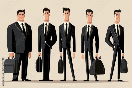Five stylized business men in suits standing in a row holding briefcases on a neutral background
