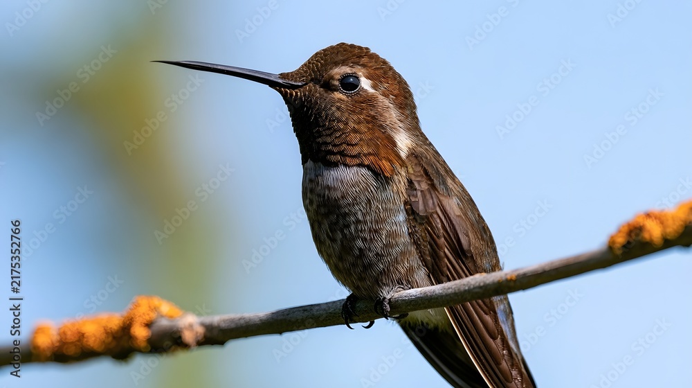 Fototapeta premium A small hummingbird perches on a branch with orange lichen against a clear blue sky showcasing its long beak and detailed feathers