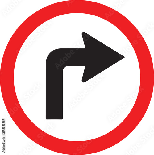 Turn right ahead traffic sign round red border with black arrow vector design element isolated on white background