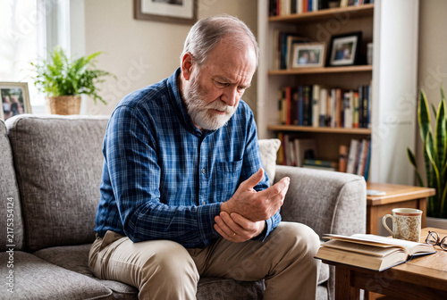 Senior Man Sitting on Sofa Holding Painful Wrist from Joint Inflammation