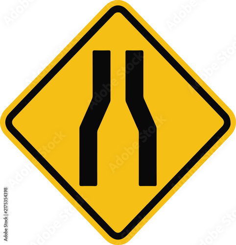 Road narrows ahead traffic sign yellow diamond symbol with black lanes illustration for highway safety and navigation