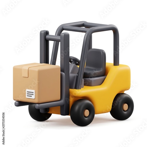 3D Yellow forklift truck carrying cardboard box pallet isolated on white background with warehouse truck