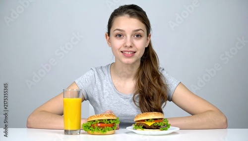 Teenage girl deciding between healthy juice and burger at dining table