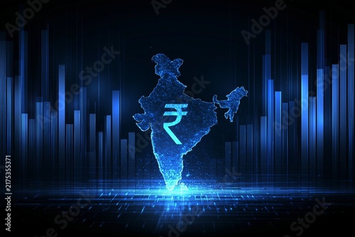 Digital map of india with rupee symbol and futuristic financial trading graphs background