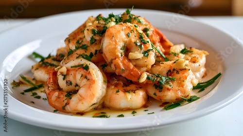 A plate of succulent garlic shrimp garnished with fresh herbs and served on a white dish with elegant presentation