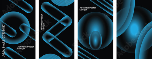 Abstract posters with blue glowing 3d shapes