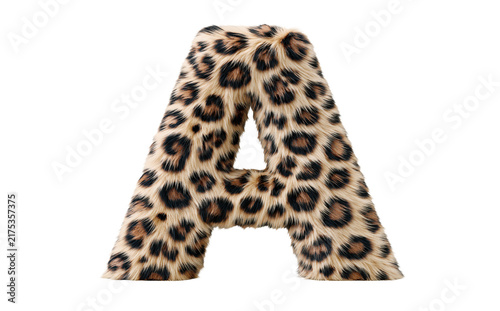 Fluffy 3d letter A made of realistic leopard fur animal print, isolated on transparent background, png