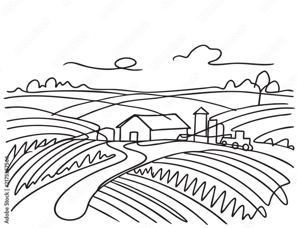 Fototapeta premium Line sketch abstract harvest fields sketch