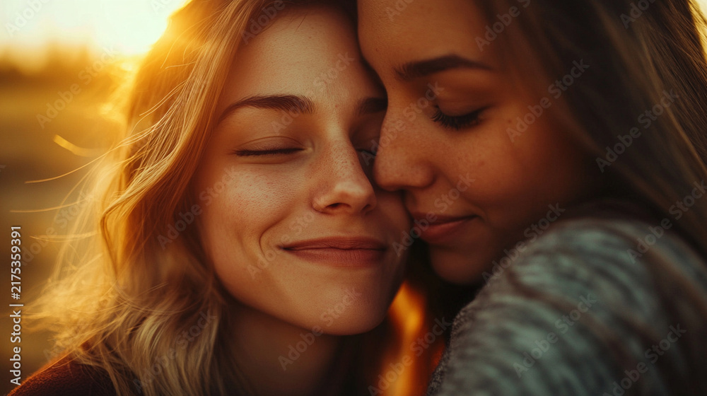 Fototapeta premium Close-up of two friends embracing after an emotional reunion, genuine expressions, imperfect natural moment, friendship, support and human connection, warm afternoon sunlight, real