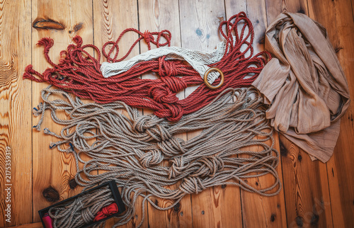 Shibari Ropes and Knots Prepared for Traditional Rope Binding Ceremony.