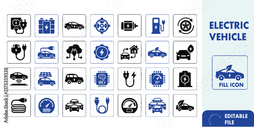 Electric Vehicle and EV Charging Line Icons Set – Editable Outline Vector Icons for Electric Cars and Green Transportation