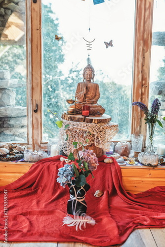 Shibari Preparation Space with Buddha Altar and Spiritual Ritual Decor.