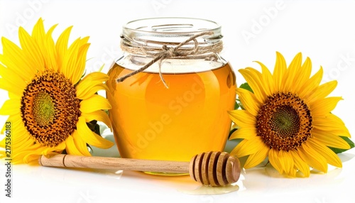 Natural honey in glass jar with sunflower and wooden dipper isolated on white