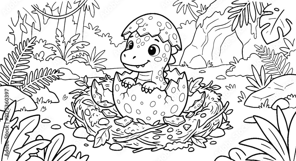 Fototapeta premium a line art of baby dinosaur hatching