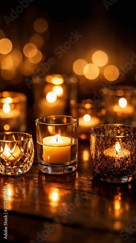 Votive candles in glass holders on a wooden table with warm bokeh lights and glowing reflections, creating a cozy romantic holiday ambiance