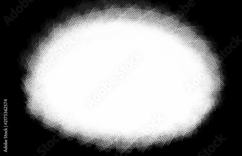 Abstract White Oval Grunge Vignette on Black Background. Vintage Crosshatch Overlay Texture Border Frame. Distressed Sketch Effect Oval Speech Bubble Window for graphic design, photo framing, mapping 