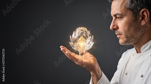 Chef holding glowing crystal artichoke with sophisticated focus presenting culinary artistry against dark graphite background with copy space