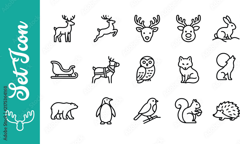 Fototapeta premium Set of hand drawn doodle forest animals and winter wildlife icons for design projects and decoration