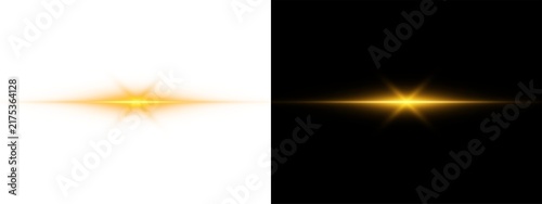 Golden lens flare effect with horizontal light rays and starburst sparkle isolated on transparent background