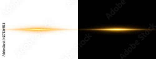 Golden horizontal light flare effect with glowing rays isolated on transparent background