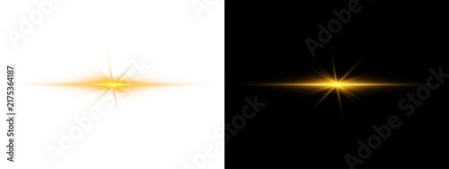 Golden glowing light flare effect with starburst rays, horizontal lens flare element for design, isolated on transparent background