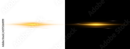 Abstract golden light effect with horizontal lens flare and glowing streaks isolated on transparent background