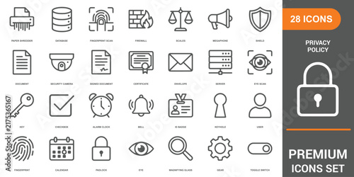 Comprehensive set of twenty-eight thin line privacy and security icons featuring data protection symbols, surveillance tools, authentication methods, and digital safety measures for systems