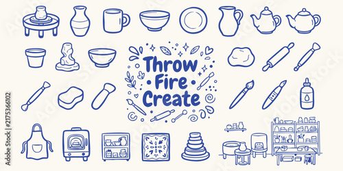 Hand drawn doodle elements for pottery and ceramics crafting with tools and studio scenes during creation