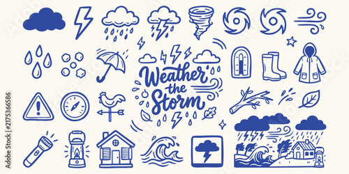 Fotografía Hand drawn doodle icons representing weather phenomena and storm preparedness in