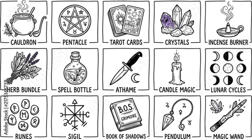 Фотография Wicca and Esoteric Magic Icon Set with Tarot Cards, Crystals, Spell Bottle, Luna