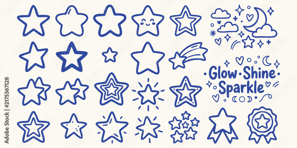 Fototapeta premium Various hand drawn doodle stars with different expressions and styles on a light background
